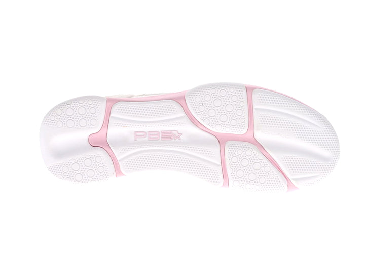 Women's PB5 Court2 white and powder pink sneaker outsole with non-slip rubber grip, athletic shoe sole design for court performance