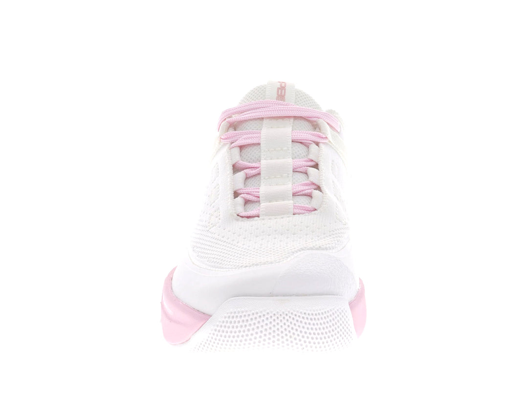 Front view of Women's PB5star Court2 sneaker in white and powder pink with breathable mesh upper for athletic performance.