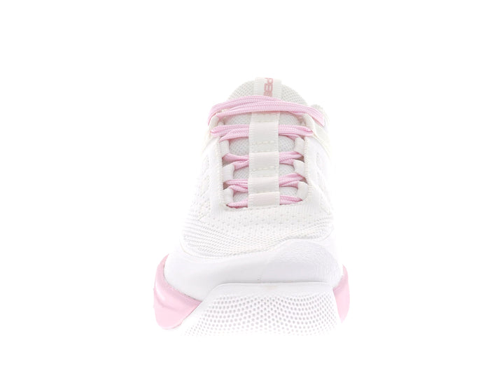 Front view of Women's PB5star Court2 sneaker in white and powder pink with breathable mesh upper for athletic performance.