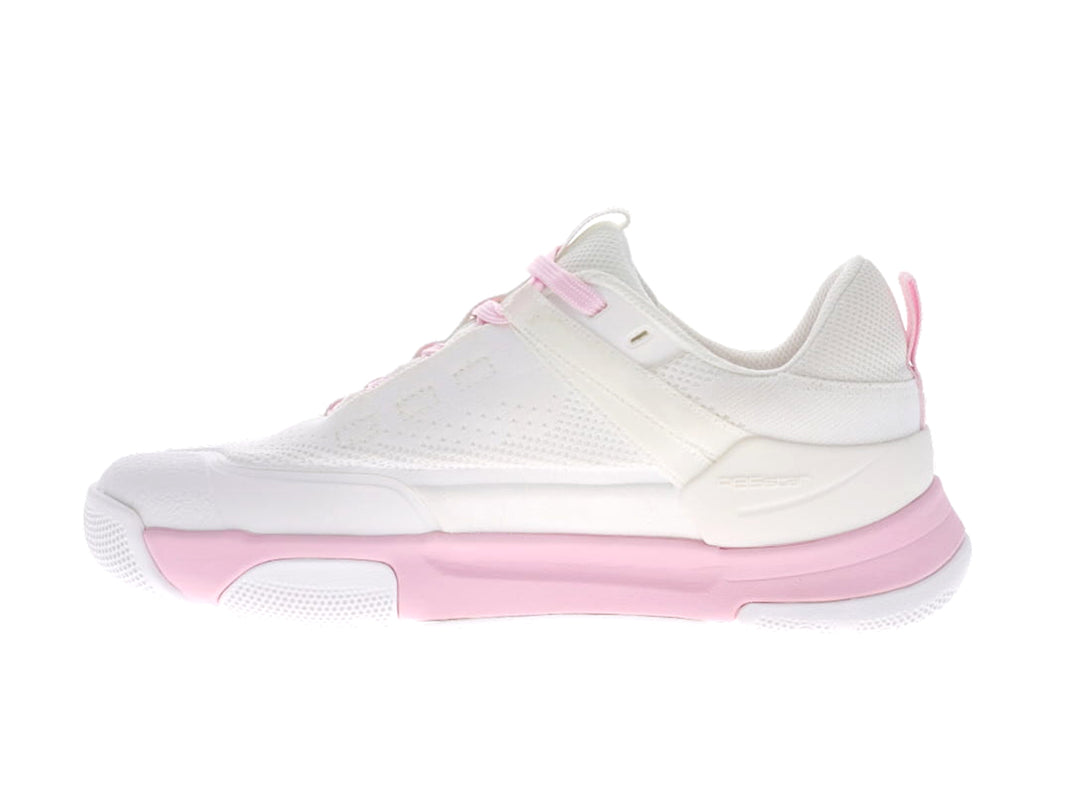 Women's PB5star Court2 white and powder pink sneaker inside view featuring mesh side panel, cushioned heel, and stability midsole