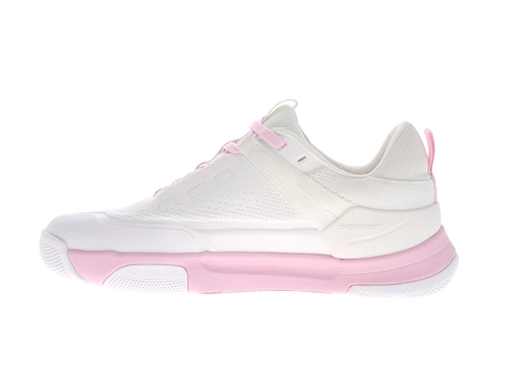 Women's PB5star Court2 white and powder pink sneaker inside view featuring mesh side panel, cushioned heel, and stability midsole