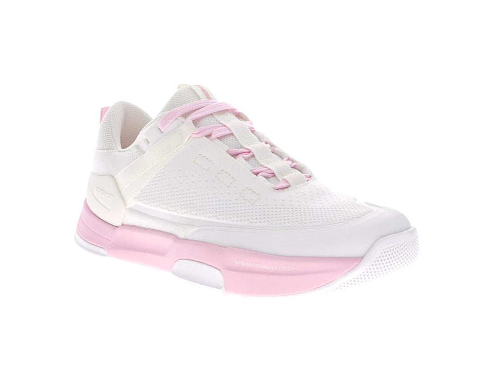 Women's PB5star Court2 white and powder pink sneaker angled view showing mesh upper, cushioned sole, and dynamic lacing design.