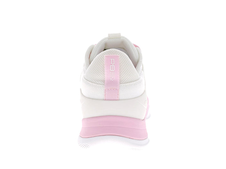 Rear view of Women's PB5star Court2 sneaker in white and powder pink with branded heel tab and cushioned midsole