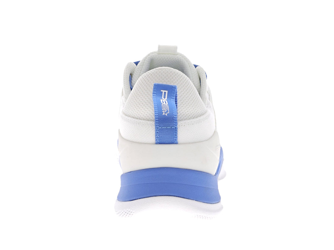Rear view of Women's PB5star Court2 sneaker in white and dusk with branded heel tab and cushioned midsole