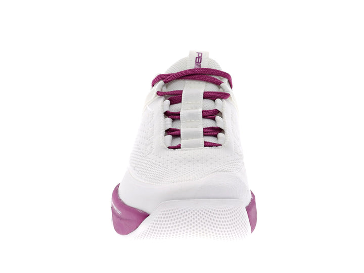 Front view of Women's PB5star Court2 sneaker in white and berry with breathable mesh upper for athletic performance.