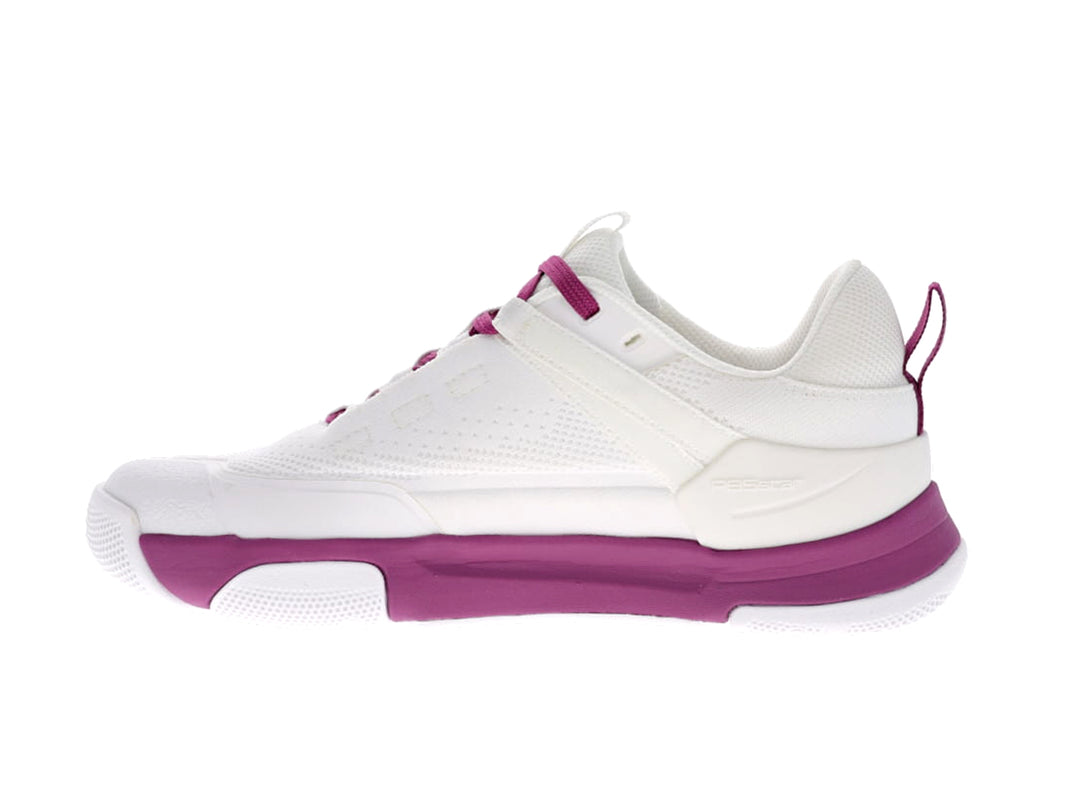 Women's PB5star Court2 white and berry sneaker inside view featuring mesh side panel, cushioned heel, and stability midsole