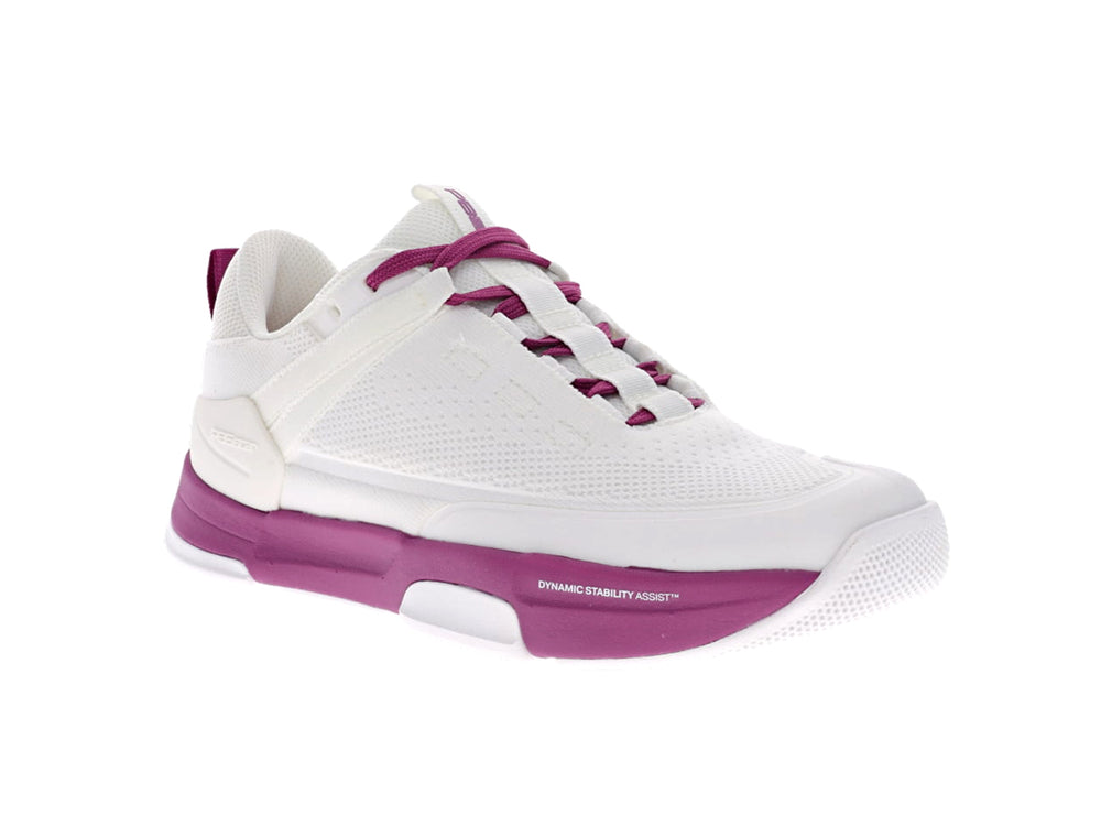 Women's PB5star Court2 white and berry sneaker angled view showing mesh upper, cushioned sole, and dynamic lacing design.