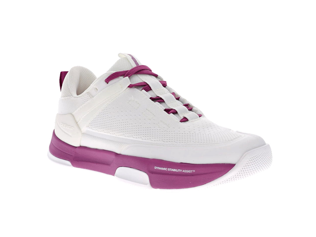 Women's PB5star Court2 white and berry sneaker angled view showing mesh upper, cushioned sole, and dynamic lacing design.