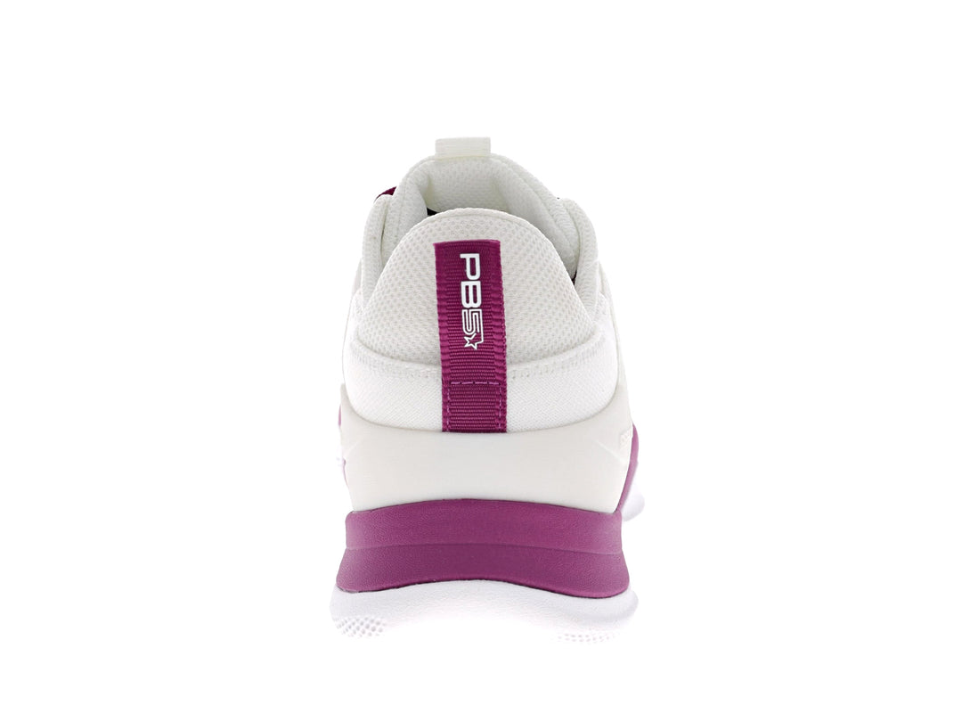 Rear view of Women's PB5star Court2 sneaker in white and berry with branded heel tab and cushioned midsole