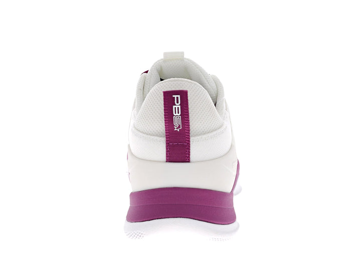 Rear view of Women's PB5star Court2 sneaker in white and berry with branded heel tab and cushioned midsole