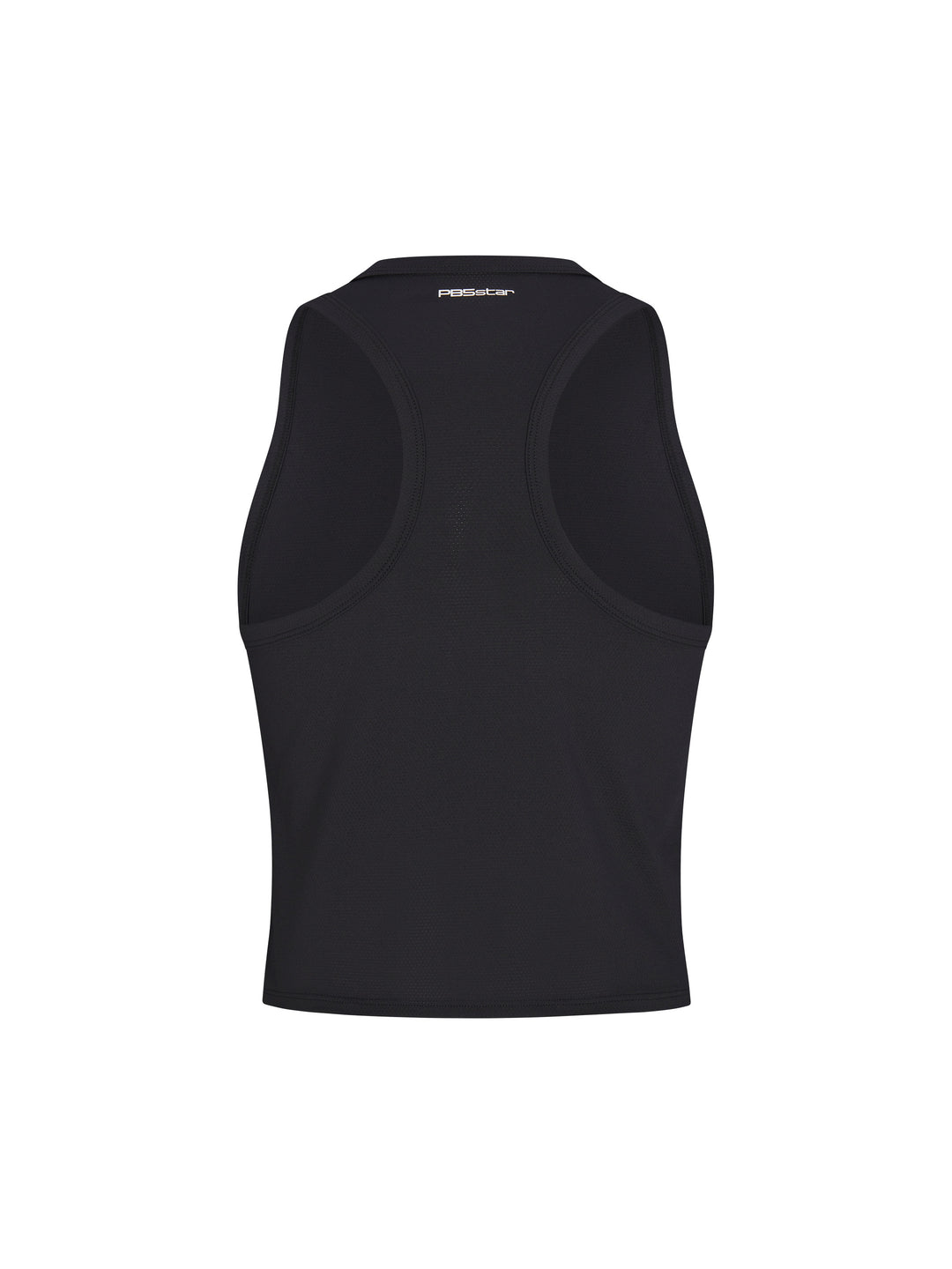 Women's Cropped Racer Back Tank back view in black. Small logo centered under neck seam.
BLK-10025
