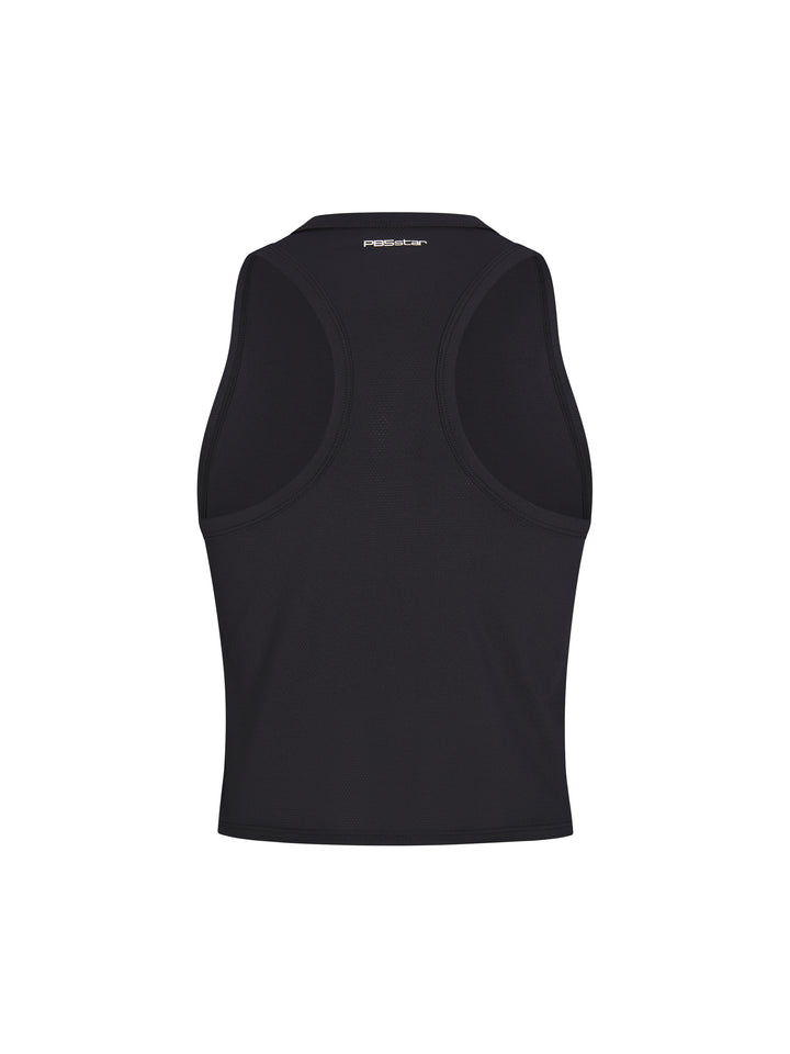 Women's Cropped Racer Back Tank back view in black. Small logo centered under neck seam.
BLK-10025