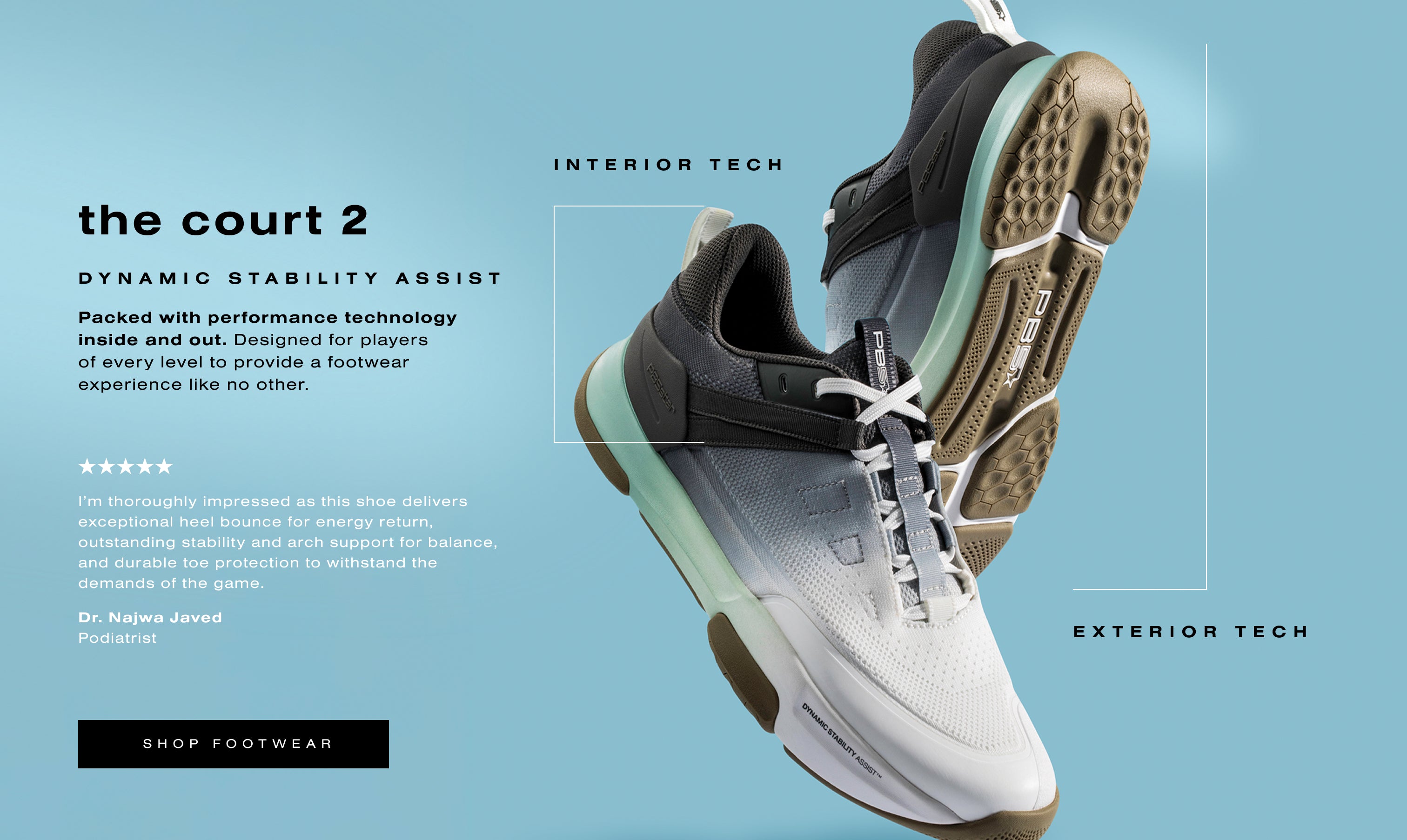 Men’s PB5 Court2 pickleball shoe with dynamic stability assist, interior and exterior tech callouts, and expert podiatrist review