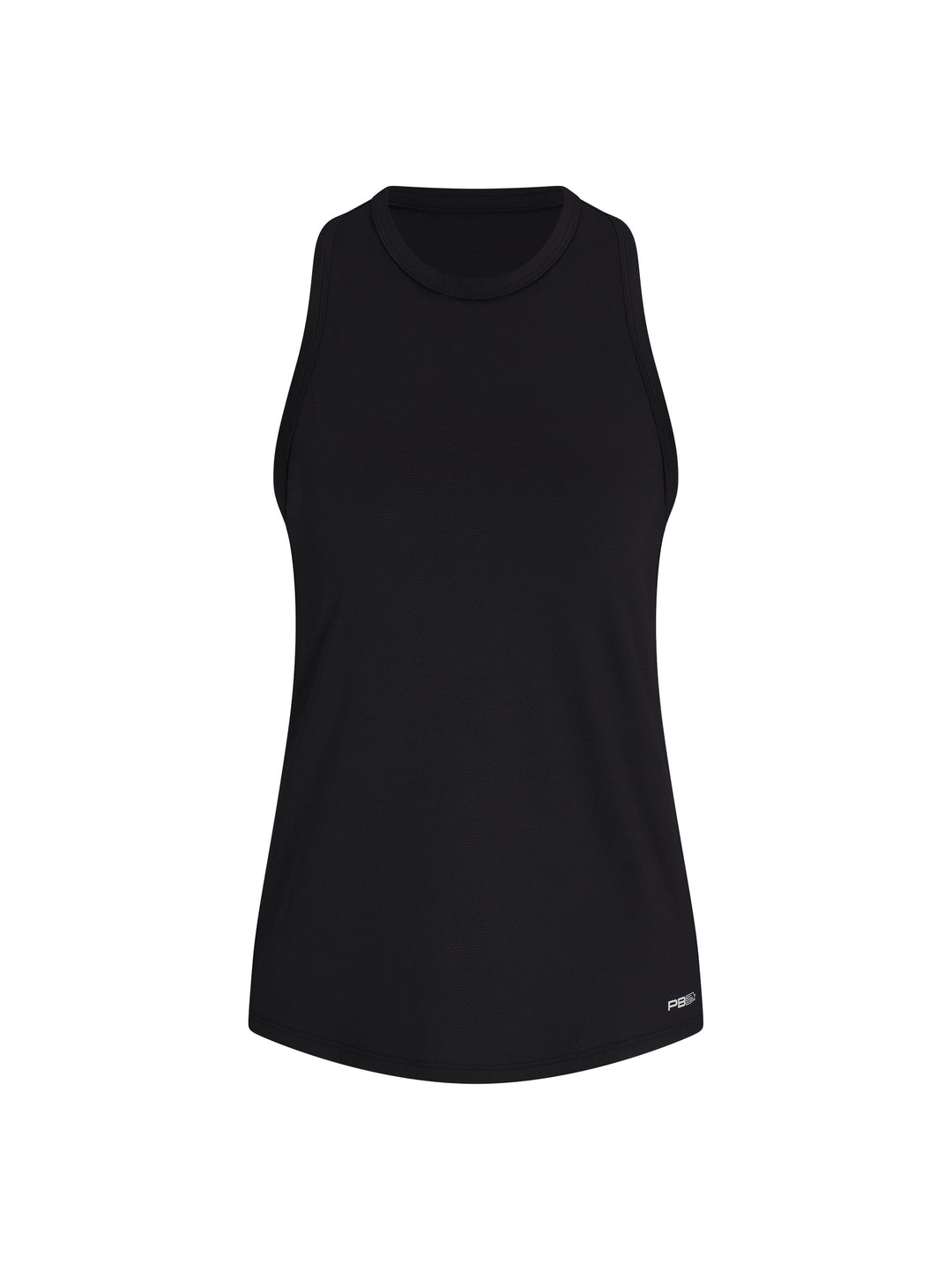 Women's Core Tank back view in Black with White trim. Small logo printed on upper back, just below neck seam.