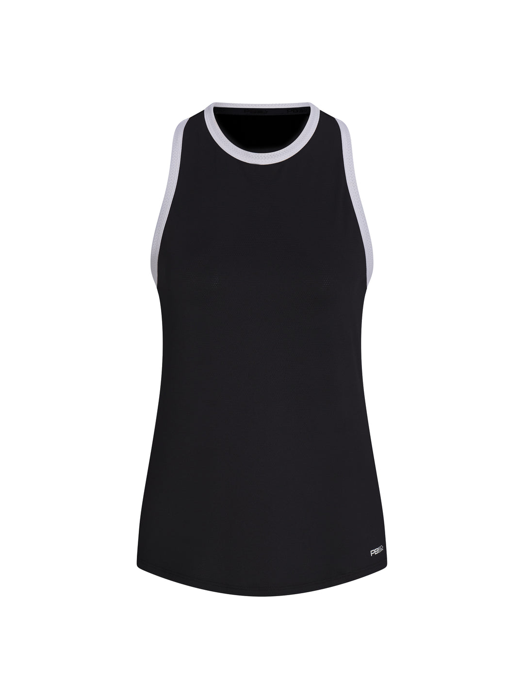 Women's Core Tank front view in Black with White trim. Small logo printed on lower left front.