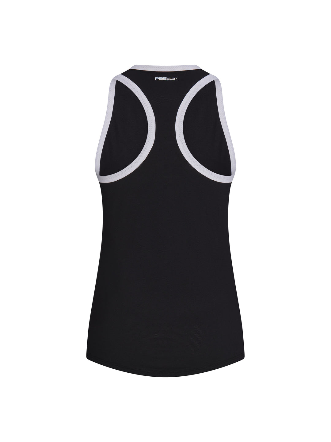 Women's Core Tank back view in Black with White trim. Small logo printed on upper back, just below neck seam.
