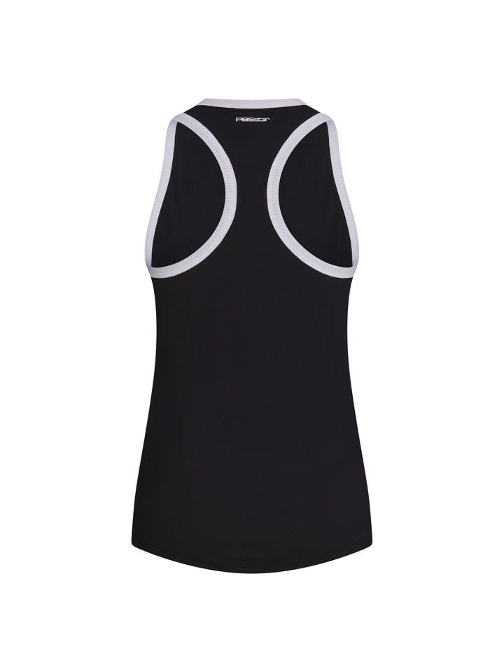 Women's Core Tank back view in Black with White trim. Small logo printed on upper back, just below neck seam.
