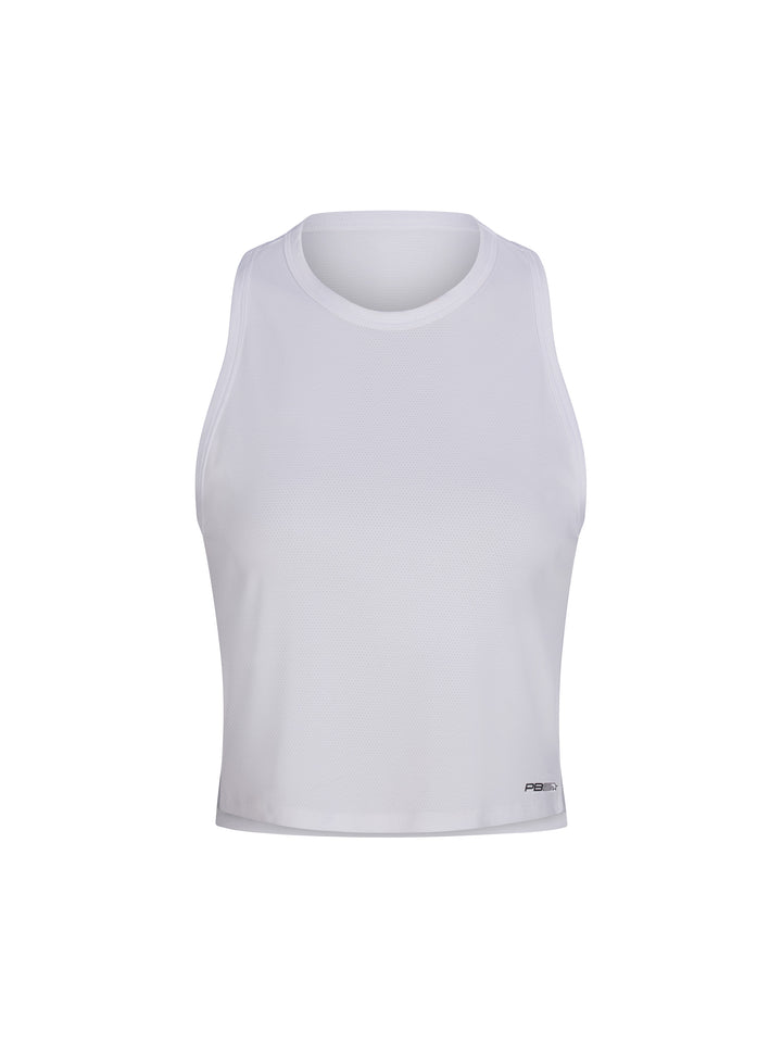 Women's Cropped Racer Back Tank front view in white with high neck line. Small logo on lower left side.
WHT-10025_main