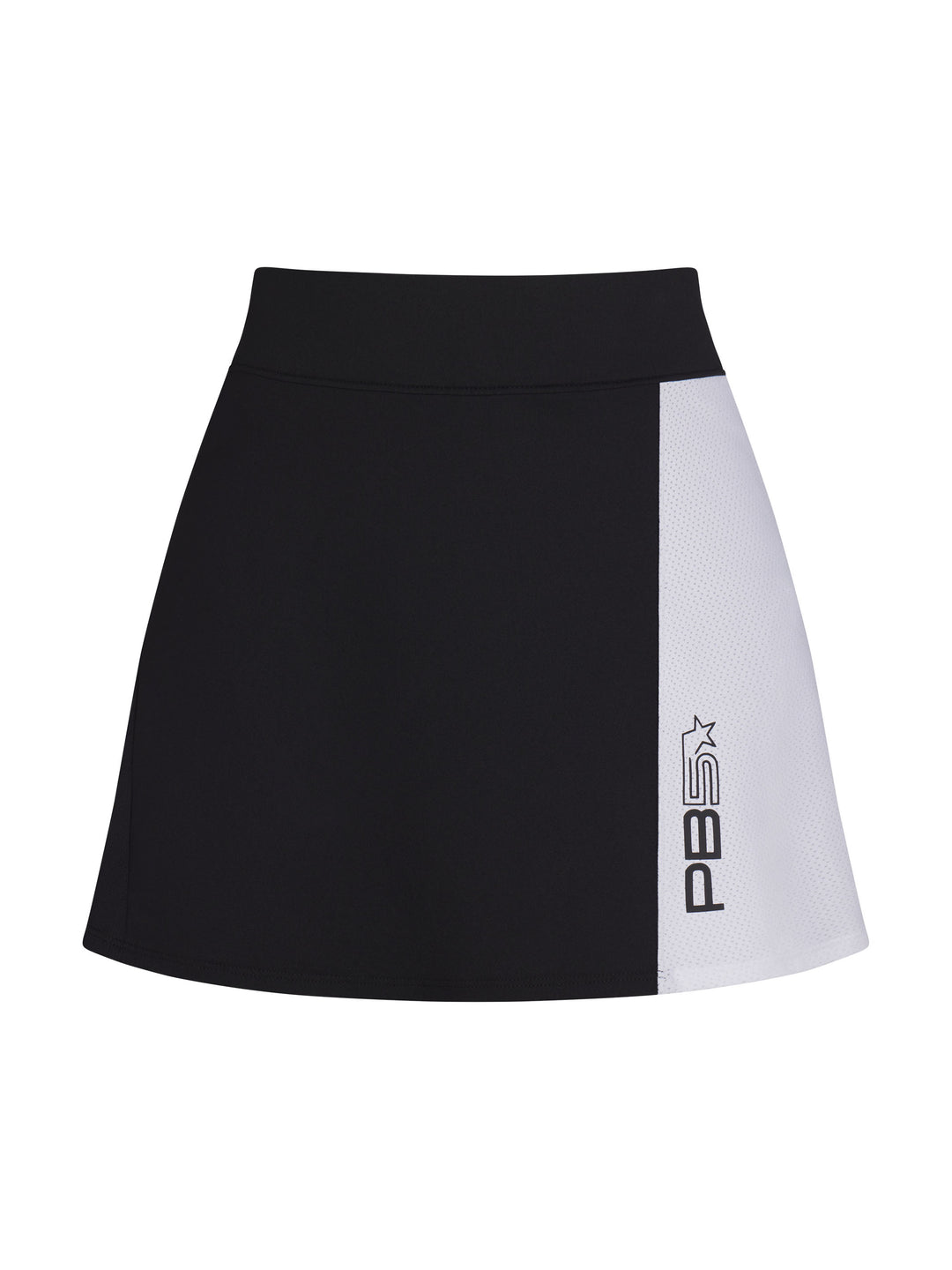 Mesh Panel Pickleball Skirt front view in Black and White. Logo on bottom left side.