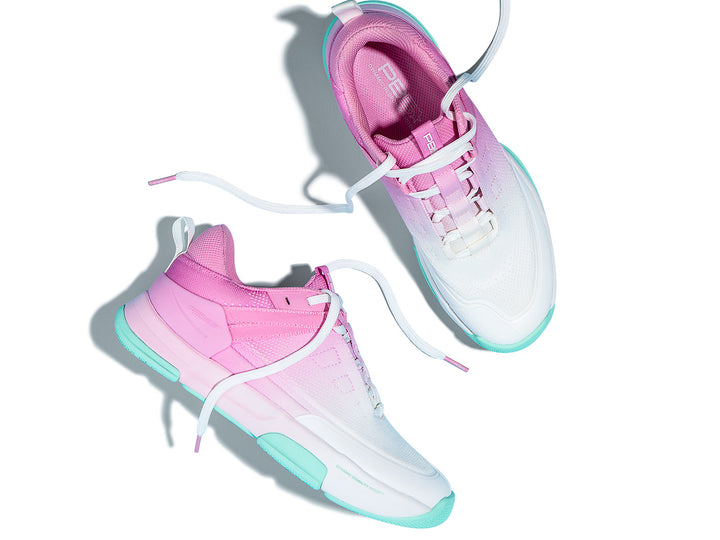 Pair of women’s Court 2 pickleball shoes in pink, white, and mint gradient on white background