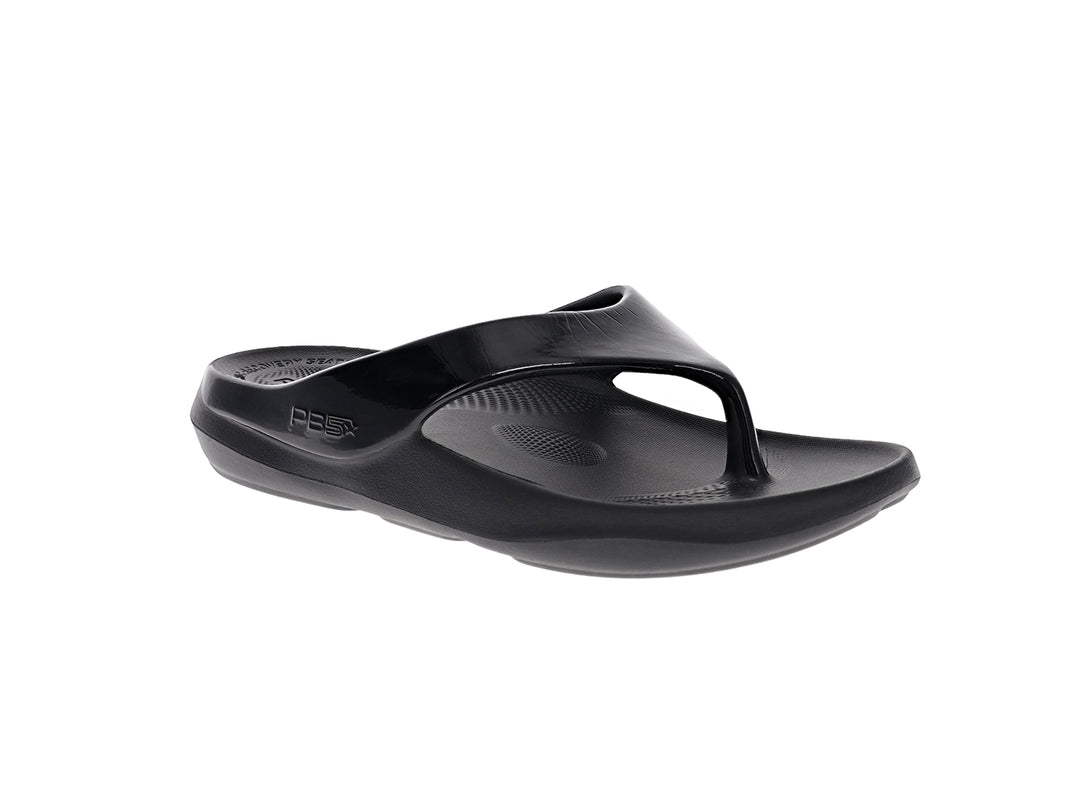 Angled view of women’s Apres Sport black flip flop sandal with supportive cushioned sole - PB5star.com
