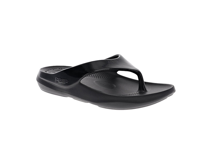 Angled view of women’s Apres Sport black flip flop sandal with supportive cushioned sole - PB5star.com