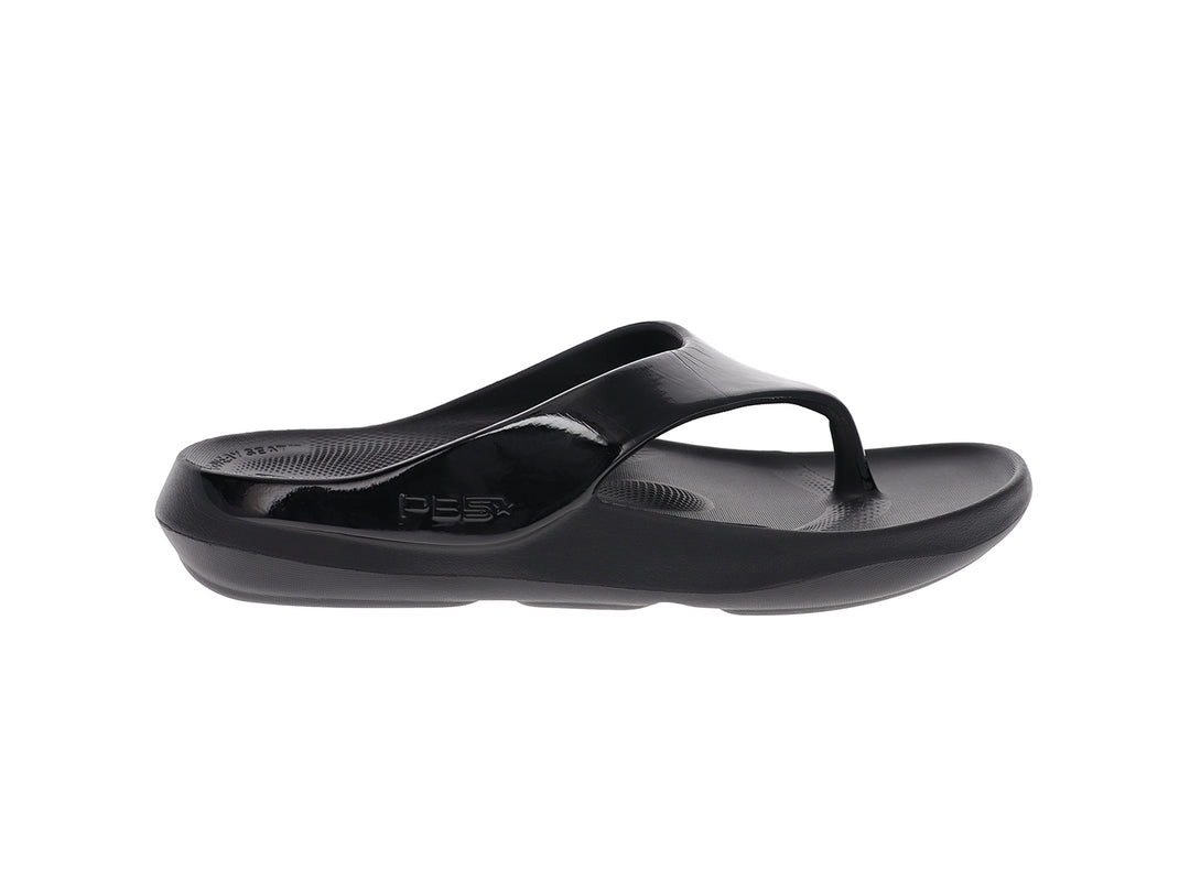 Side profile of women’s Apres Sport black flip flop sandal with cushioned comfort sole - PB5star.com
