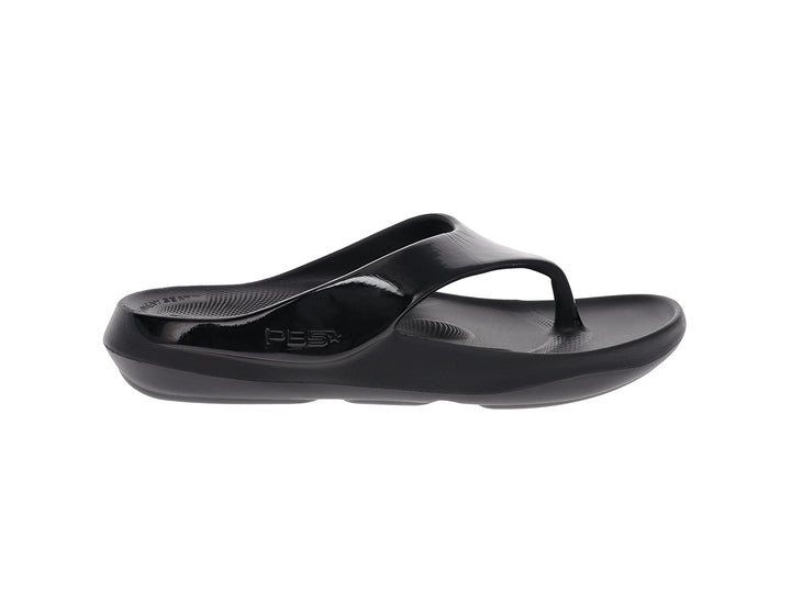 Side profile of women’s Apres Sport black flip flop sandal with cushioned comfort sole - PB5star.com