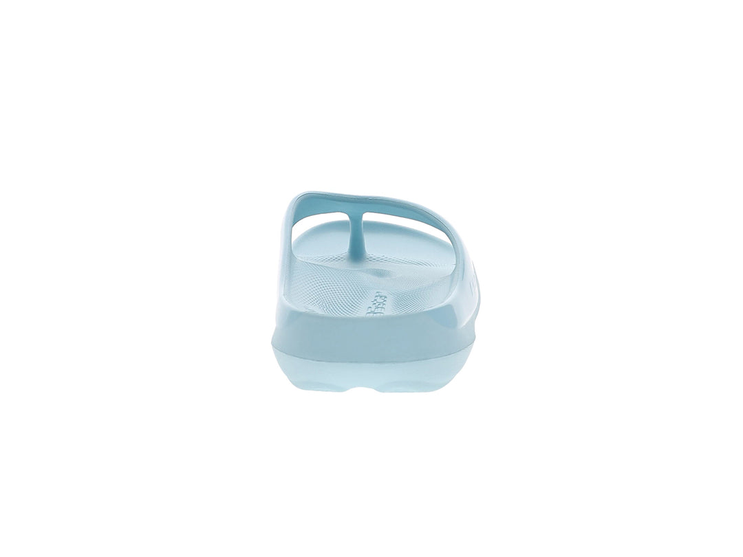 Back view of women’s Apres Sport powder blue flip flop sandal showcasing heel support - PB5star.com