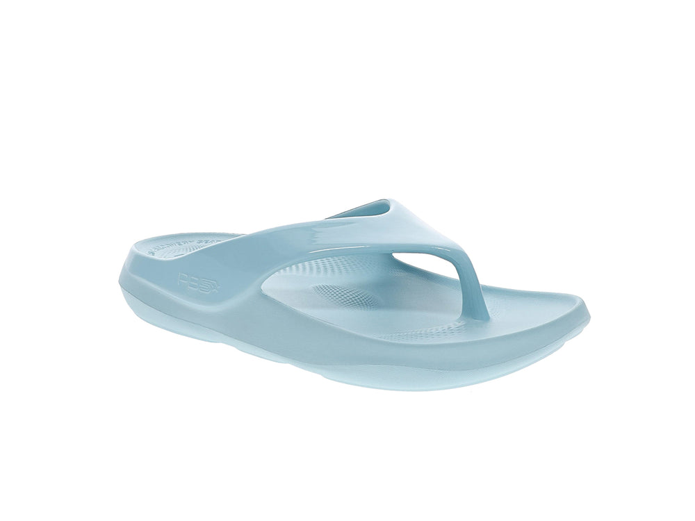 Angled view of women’s Apres Sport powder blue flip flop sandal with supportive cushioned sole - PB5star.com