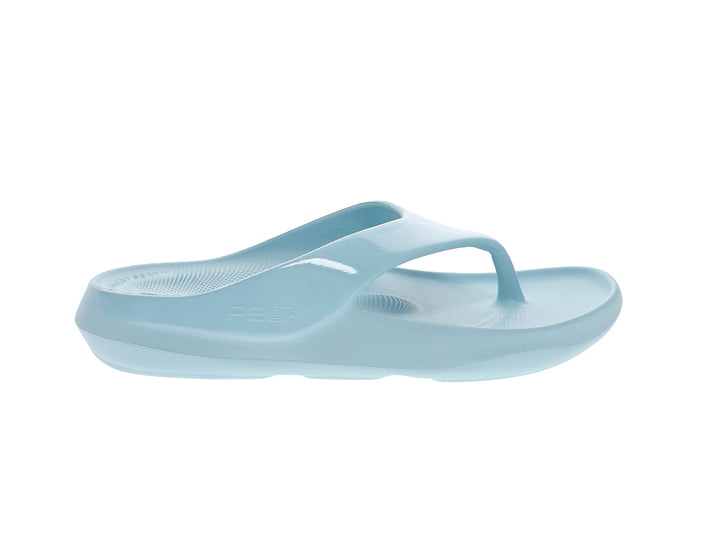 Side profile of women’s Apres Sport powder blue flip flop sandal with cushioned comfort sole - PB5star.com