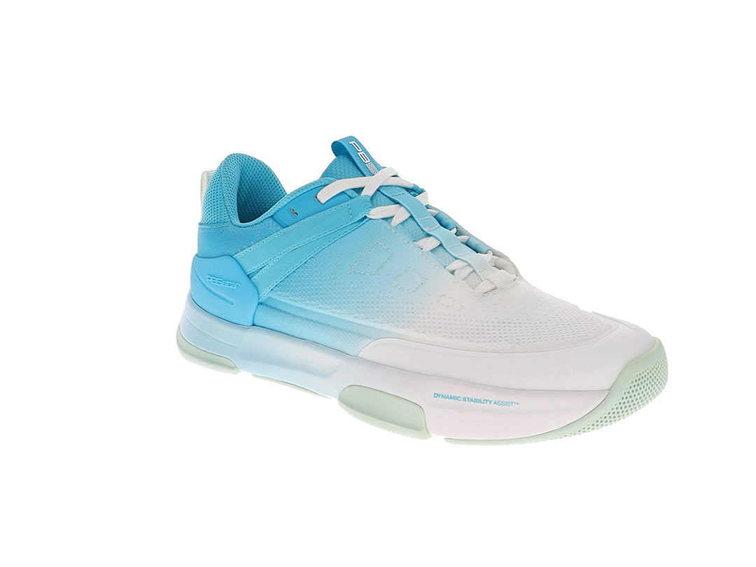 Angled view of women’s PB5star Court 2 blue multi pickleball shoes with mesh upper and cushioned midsole - PB5star.com
