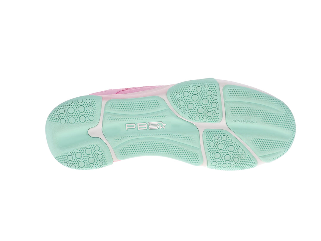 Bottom sole view of women’s PB5star Court 2 pink multi pickleball shoes with non-marking grip tread - PB5star.com