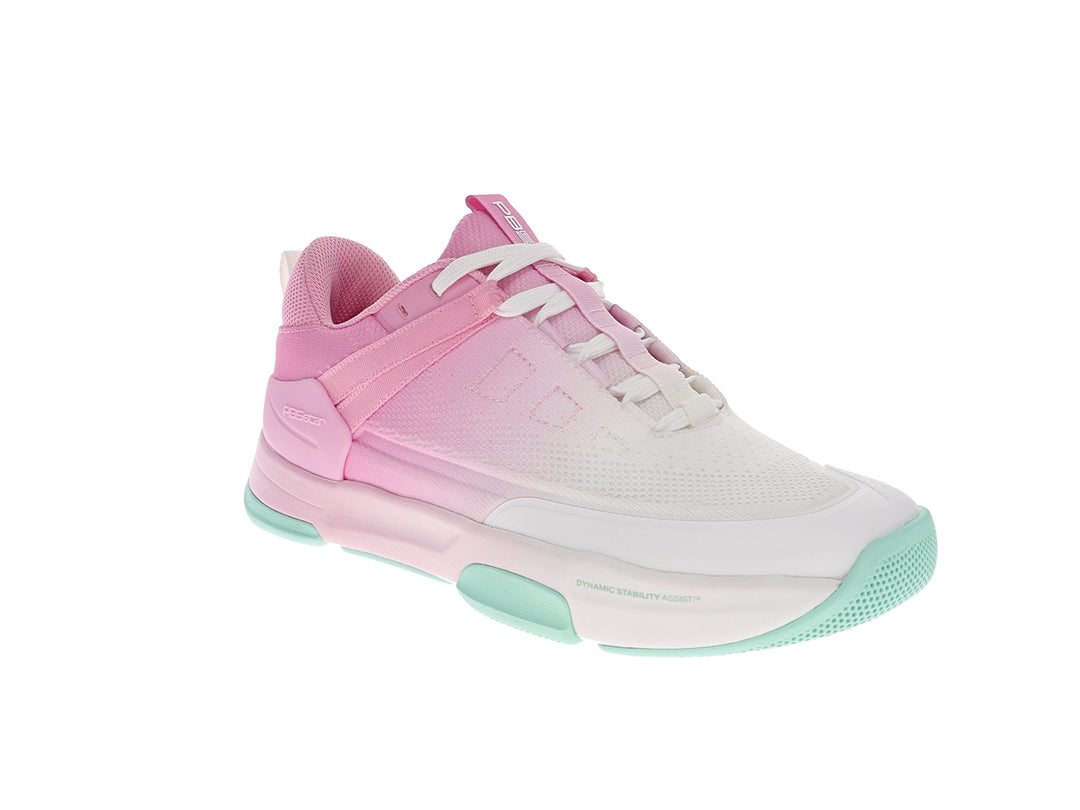 Angled view of women’s PB5star Court 2 pink multi pickleball shoes with mesh upper and cushioned midsole - PB5star.com