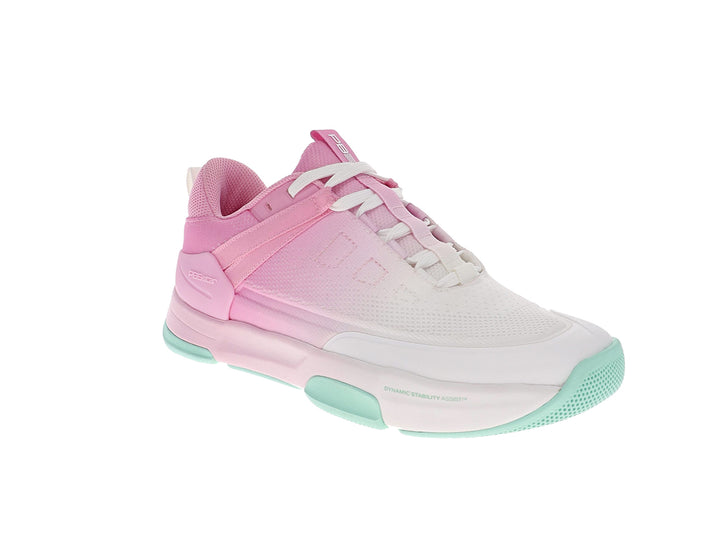 Angled view of women’s PB5star Court 2 pink multi pickleball shoes with mesh upper and cushioned midsole - PB5star.com