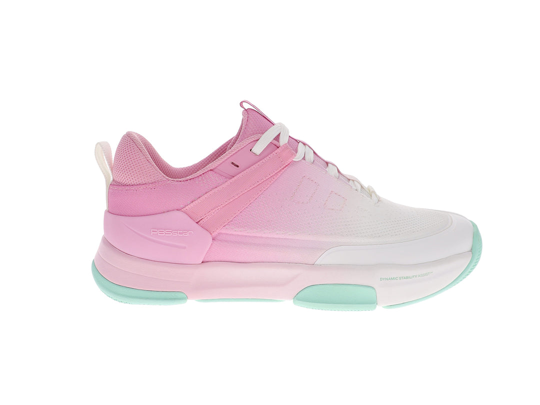 Side view of women’s PB5star Court 2 pink multi pickleball shoes with mesh upper and cushioned sole - PB5star.com