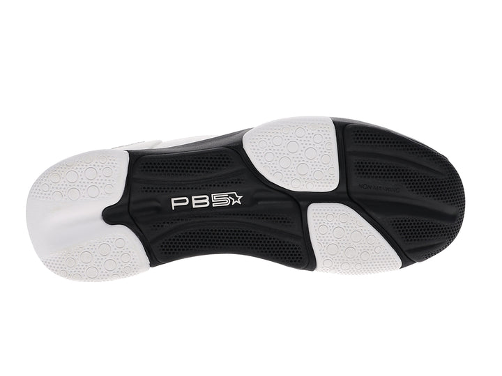 Bottom sole view of women’s PB5star Court 2 white-black pickleball shoes with non-marking grip tread - PB5star.com