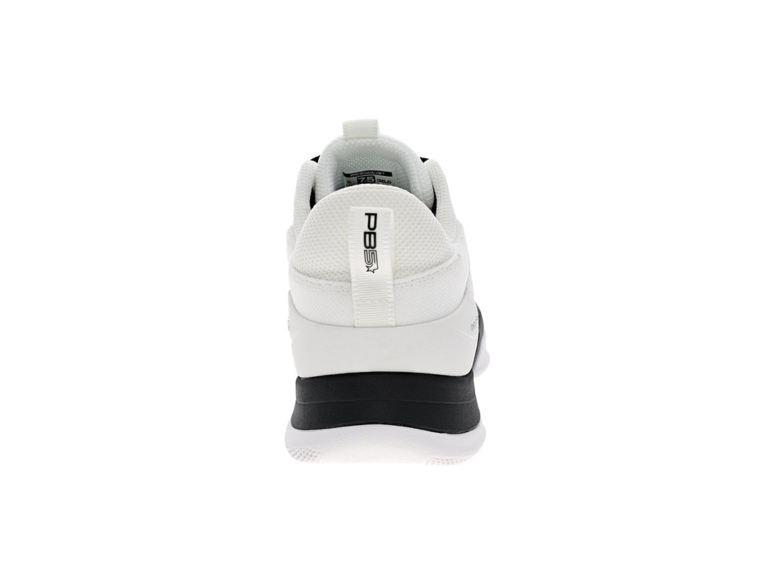 Back view of women’s PB5star Court 2 white-black pickleball shoes with padded heel and logo pull tab - PB5star.com
