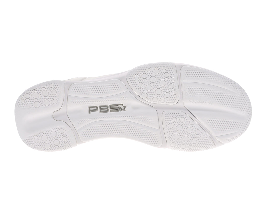Bottom sole view of women’s PB5star Court 2 white pickleball shoes with non-marking grip tread - PB5star.com