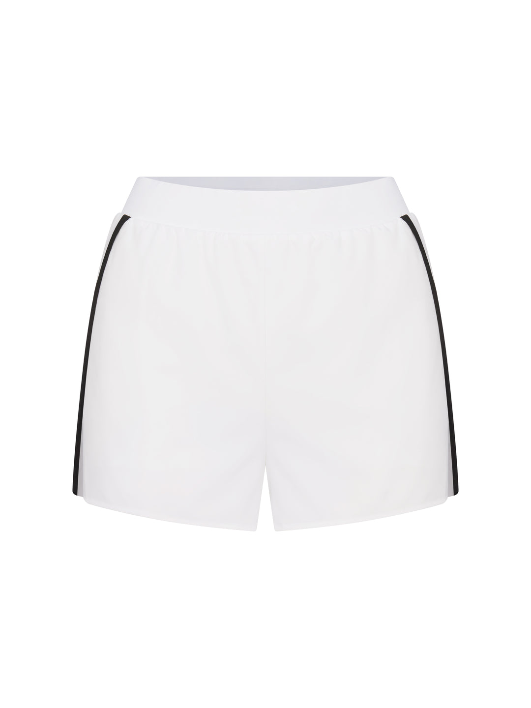 Front view of PB5star women's white athletic shorts with black side piping and side-split hem