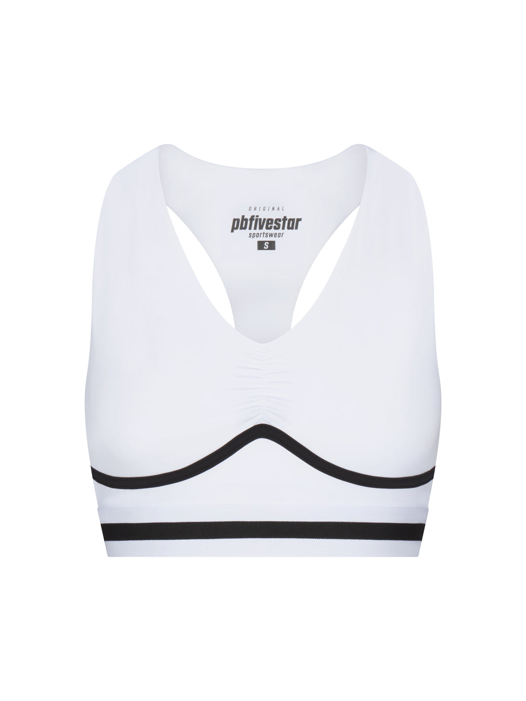 PB5star women’s Heritage bra top in white with black trim, front view, athletic sports bra