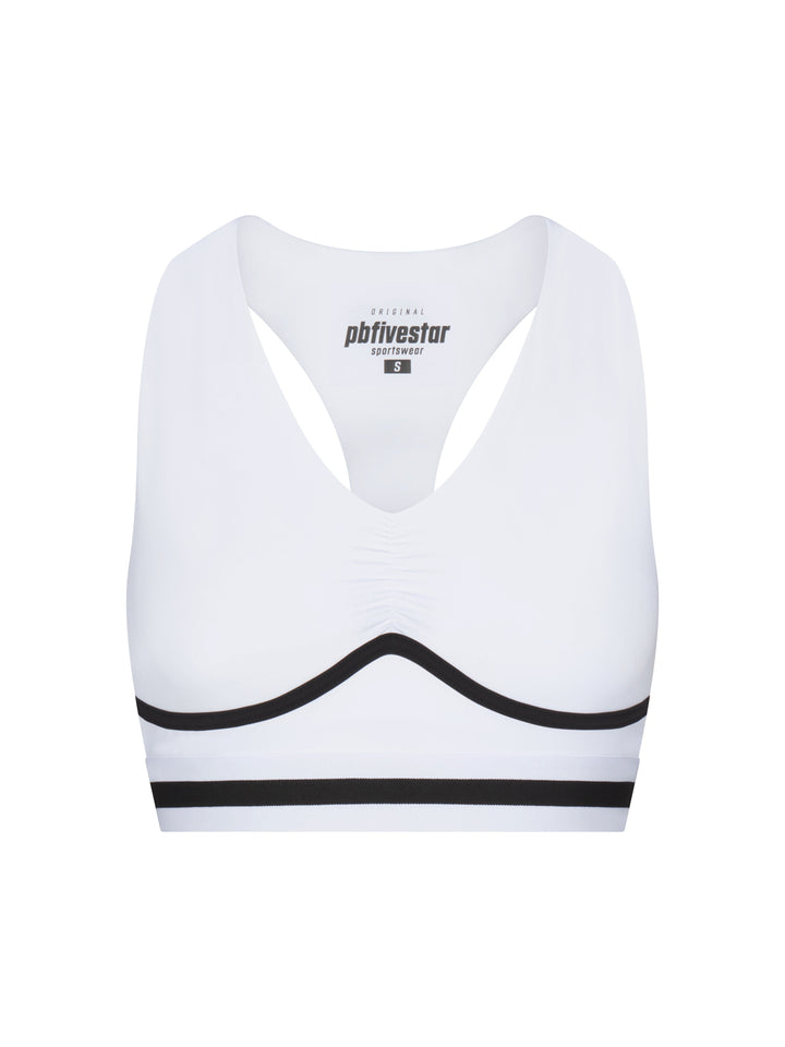 PB5star women’s Heritage bra top in white with black trim, front view, athletic sports bra