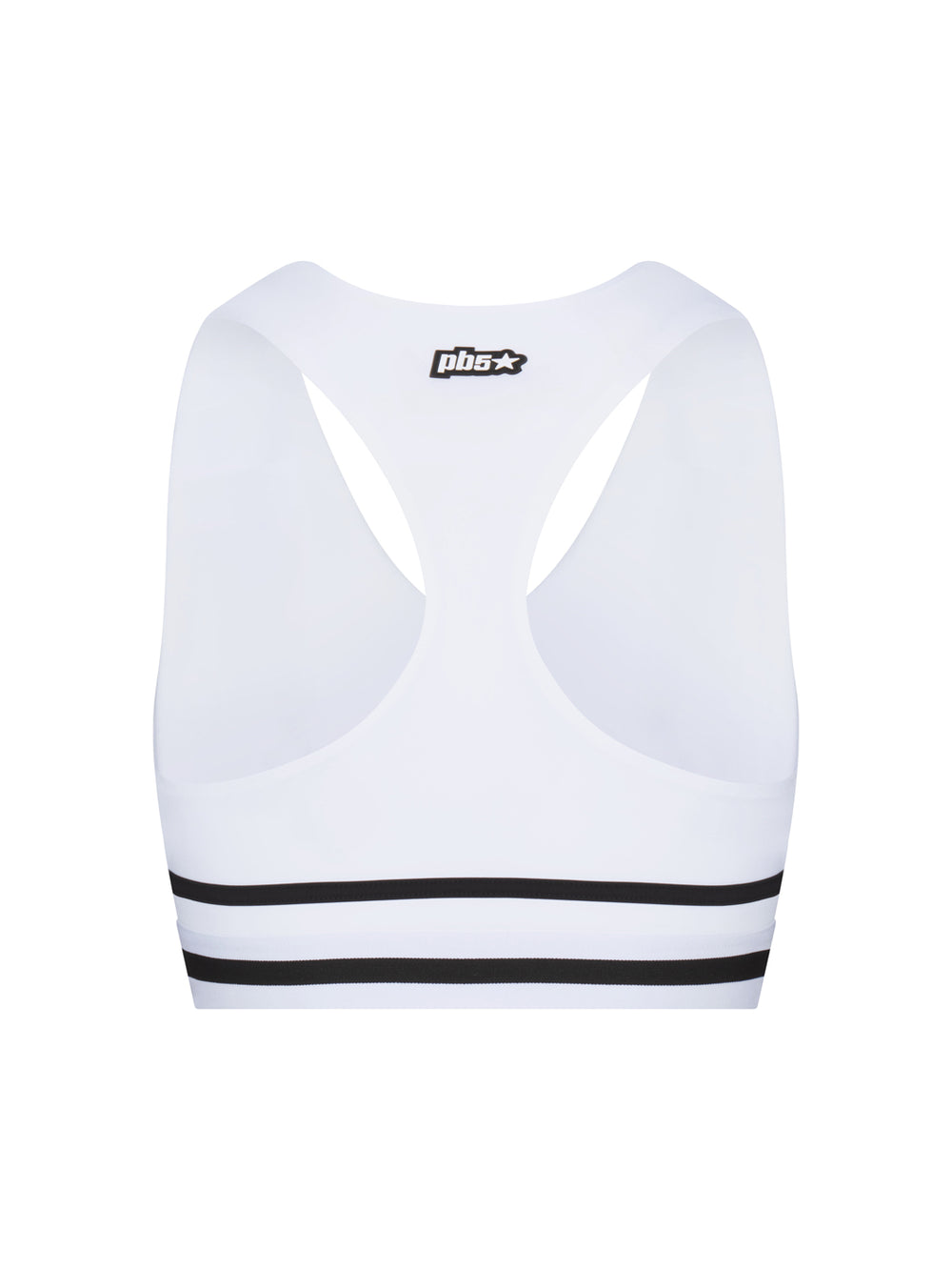 PB5star women’s Heritage bra top in white with black trim, rear view, racerback athletic sports bra