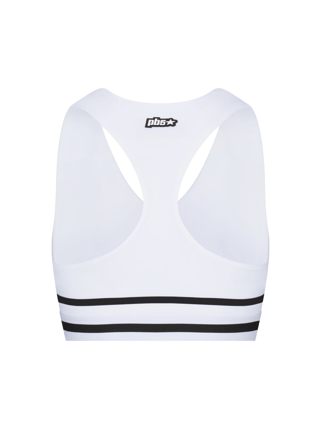 PB5star women’s Heritage bra top in white with black trim, rear view, racerback athletic sports bra