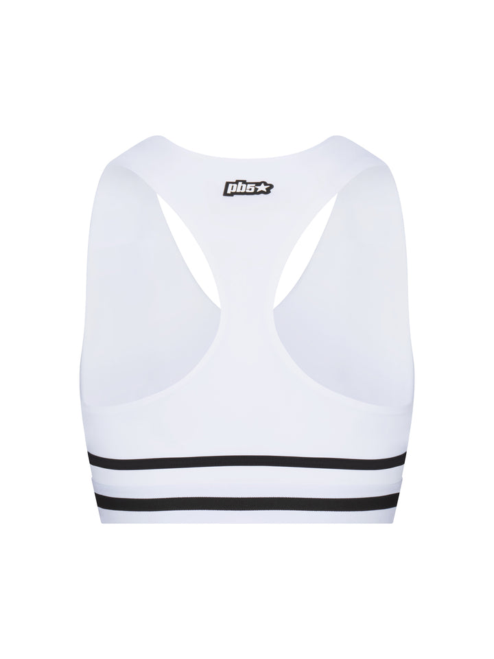 PB5star women’s Heritage bra top in white with black trim, rear view, racerback athletic sports bra