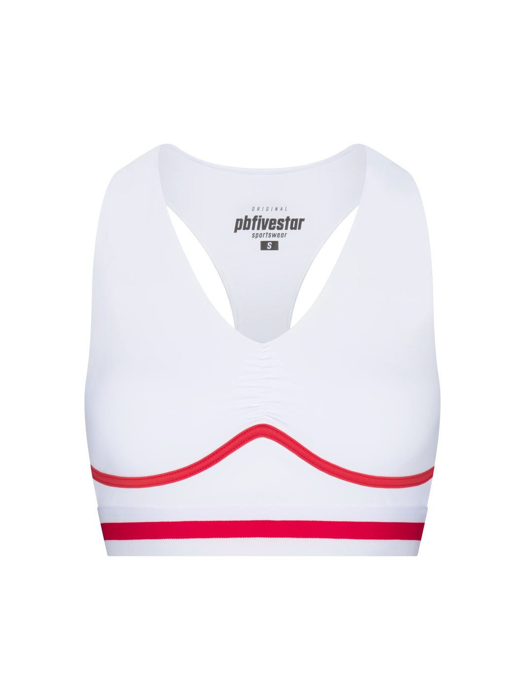 PB5star women’s Heritage bra top in white with cherry red trim, front view, athletic sports bra