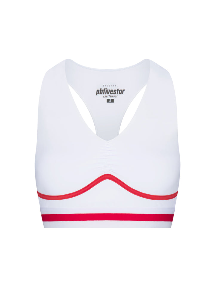 PB5star women’s Heritage bra top in white with cherry red trim, front view, athletic sports bra