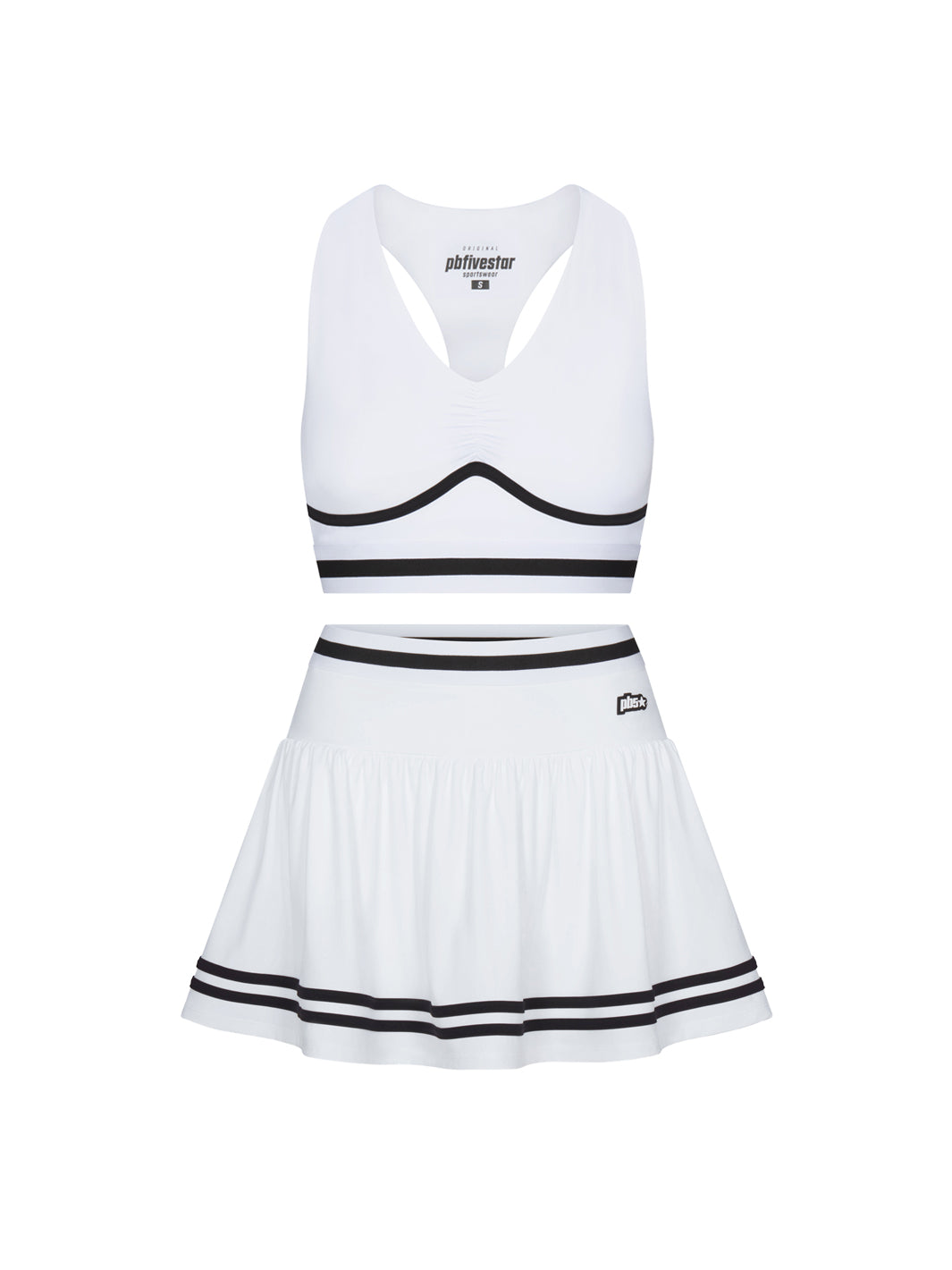 Heritage two-piece set in white with black trim, shown as bra top and skirt