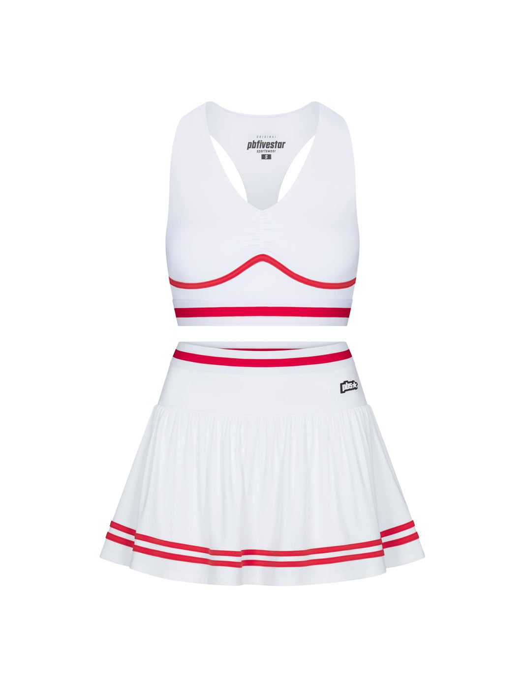 Heritage two-piece set in white with cherry trim, shown as bra top and skirt
