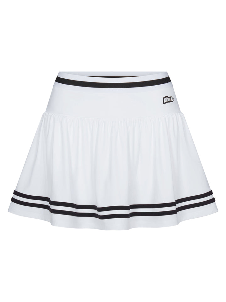 PB5star women’s Heritage skirt in white with black trim, front view, pleated athletic skirt